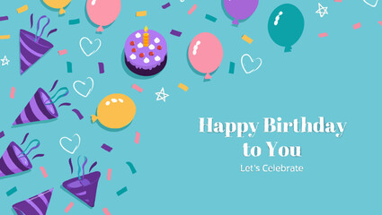 Vector art of a festive birthday illustration with balloons confetti and a cupcake