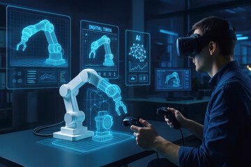 Man uses virtual reality headset interacting with holographic robotic arms and digital twin data