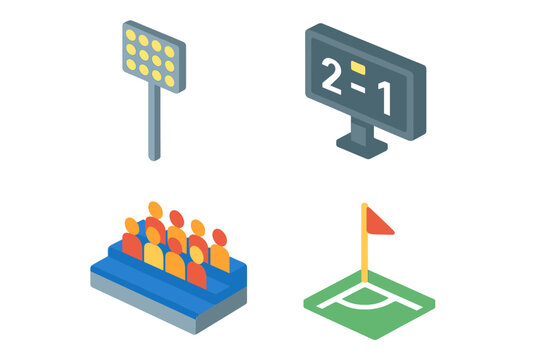 Stadium isometric icon set. Football and soccer game elements. Vector illustration of scoreboard, crowd on tribune, corner flag and floodlight for sport competition.