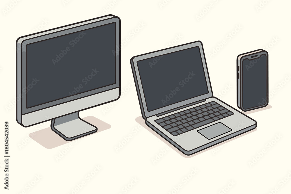 Poster isometric desktop computer monitor, laptop and smartphone mockup illustration with blank dark screen