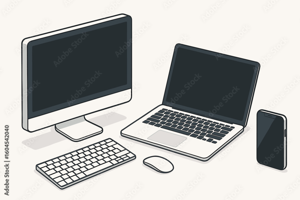 Poster isometric devices mockup set showing desktop monitor computer, laptop with keyboard, wireless mouse 