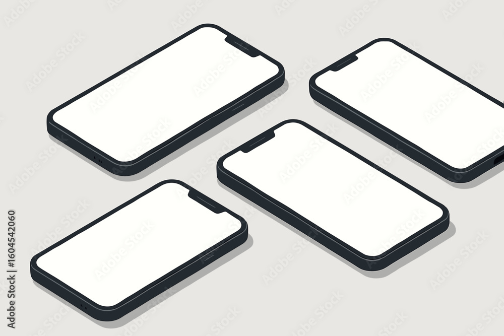 Poster isometric smartphone mockup template featuring four phones in diagonal perspective with blank white 