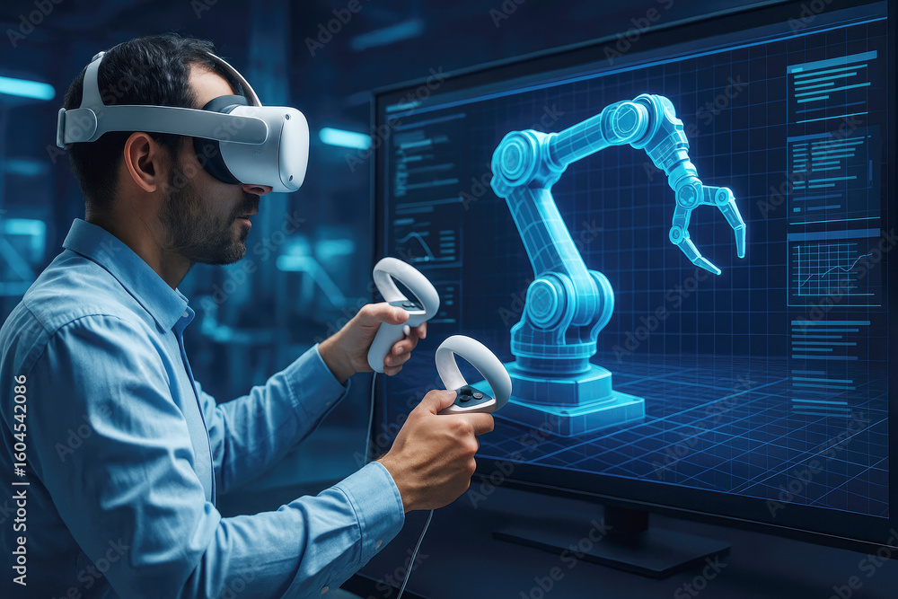 Poster man wearing virtual reality headset controlling robotic arm on screen controllers