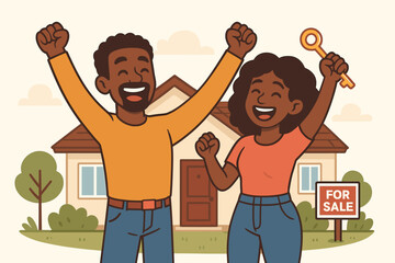 Happy African American couple celebrating first home purchase, cheering with raised arms, holding key, standing before suburban house with for sale sign, cartoon vector illustration