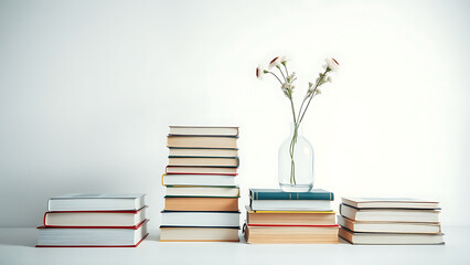 Watercolor Book Stacks and Vase Set on White Background