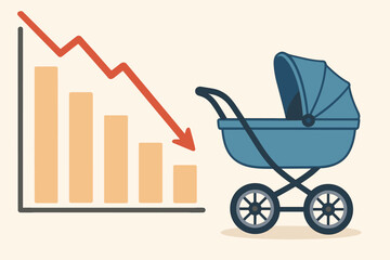 Falling birth rate concept: downward bar chart with red arrow and blue baby stroller illustrating declining fertility, demographic crisis, aging population, economic impact, cartoon