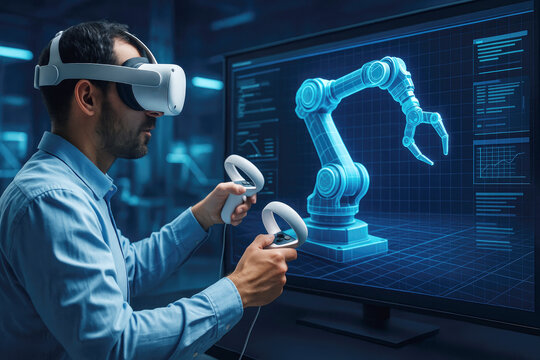 Man wearing virtual reality headset controlling robotic arm on screen controllers