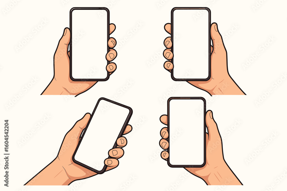 Poster smartphone mockup bundle of four cartoon hands holding mobile phone with blank screen, vector templa