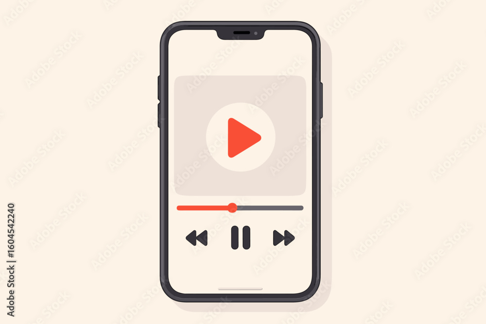 Poster smartphone video player interface on mobile screen with play button, media timeline slider, skip con
