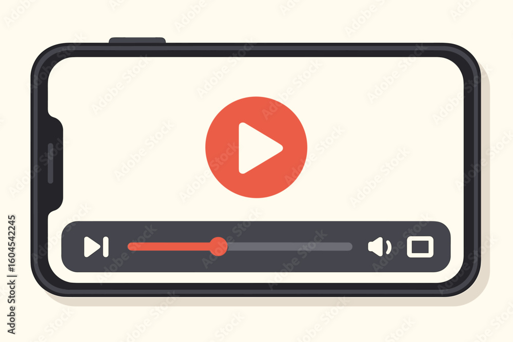 Poster smartphone video player interface with play button, progress bar, volume icon and fullscreen button,