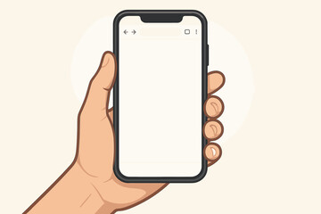 Left hand holding modern smartphone mockup with blank white screen and empty web browser interface, isolated illustration on light background for mobile app design UI presentation