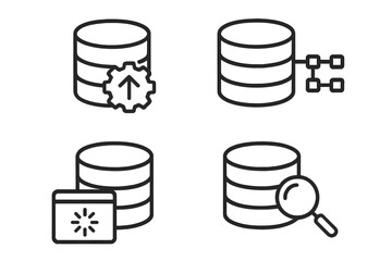 Data analysis and database management line icon set. Icons for optimization, processing, transfer, and search of digital data. Server and storage vector symbols in outline style.