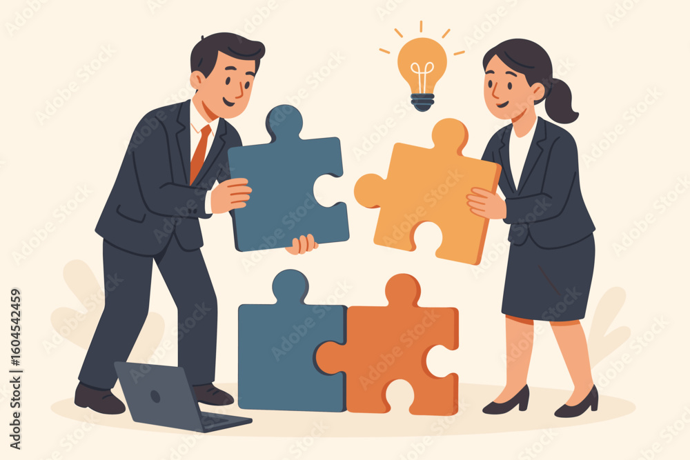 Poster vector illustration of two business professionals assembling jigsaw puzzle pieces for teamwork and p