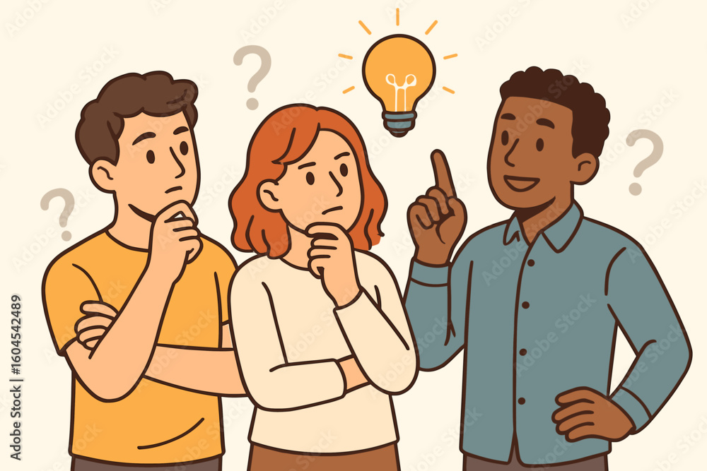 Poster brainstorming teamwork concept. diverse colleagues finding solutions with glowing light bulb, cartoo