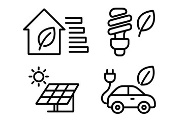 Energy efficiency line icon set. Ecology of energy consumption. Green power. Solar panel, battery. Electric car. Eco house. Sustainable energy saving light bulb symbol.