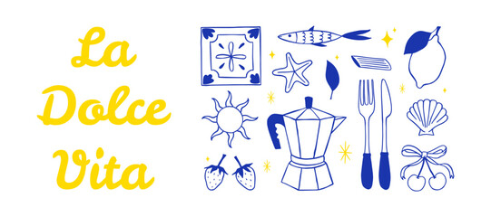 Hand draw Dolce Vita doodle set. Vector tile, sun, coffee pot, lemon, fork, knife, pasta, starfish, shell, sardine. Minimalist line art. Illustration for poster, print, yours designs
