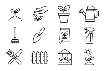 Gardening tools and plant growth outline icon collection. Vector linear pictogram set for agriculture and horticulture. Includes sprout, seed, pot, watering can, trowel. Editable stroke.