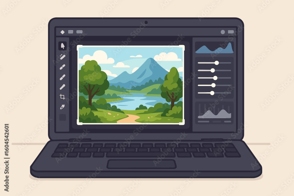 Fototapete Laptop with vector cartoon photo editor interface displaying vibrant mountain landscape image, graphic design workspace, digital image editing concept, workstation background