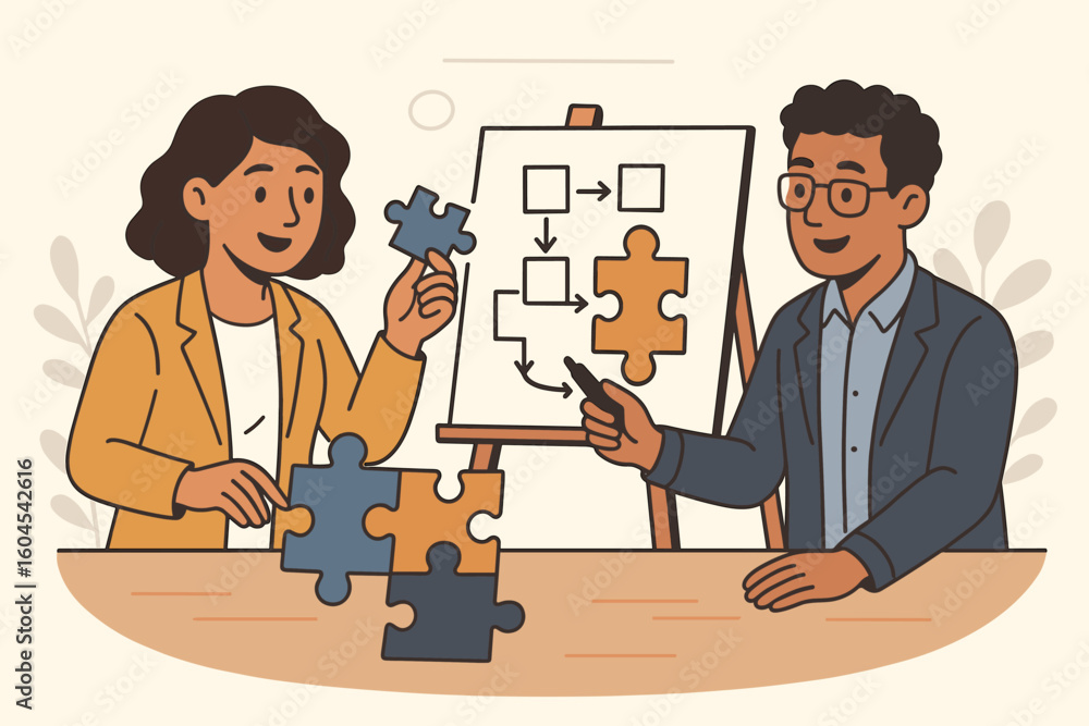 Poster business problem solving concept with diverse colleagues assembling jigsaw pieces to develop workflo