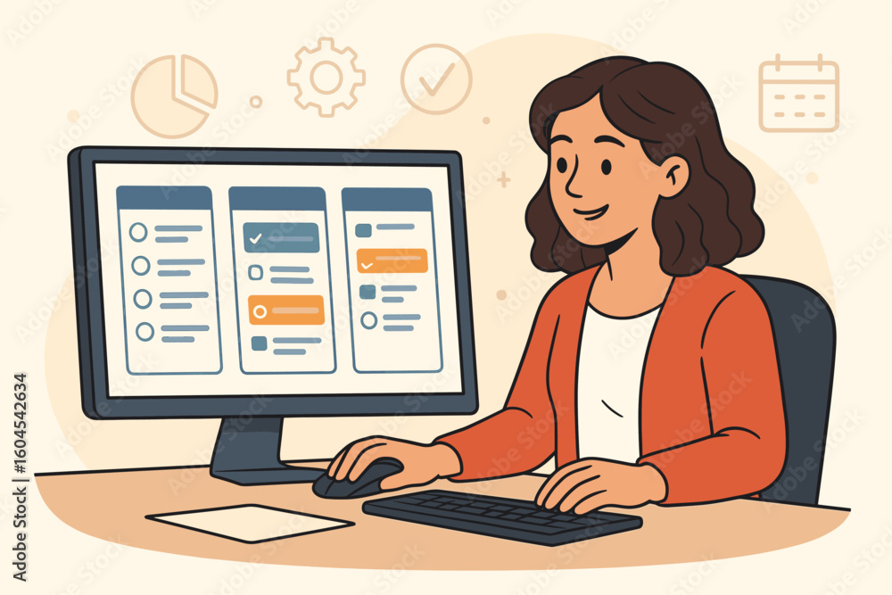 Poster cartoon vector female project manager at computer planning tasks on digital dashboard, office woman 