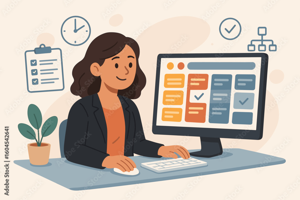 Poster project manager woman at computer planning tasks, agile kanban board scheduling workflow, time manag