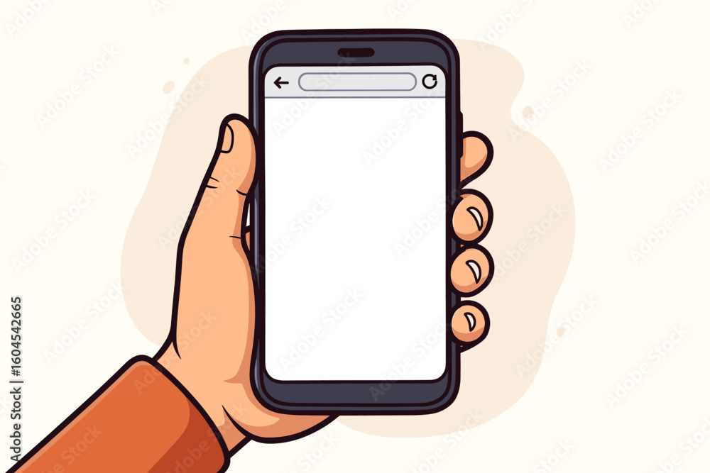 Poster hand holding smartphone with blank screen for mockup. mobile phone with empty web browser display. v