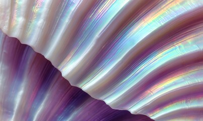 Pearlescent, iridescent shell surface macro shot with flowing ridges in pastel tones of violet, lilac, and opalescent white. Abstract, colorful wallpaper background.