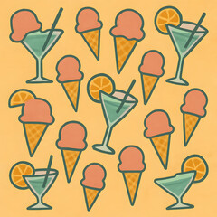 Pattern of peach ice cream cones and drinks suitable for summer themed designs, food menus, party invitations, and social media graphics.