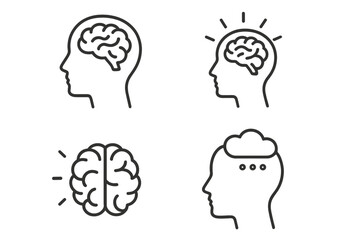 Brain icon set. Human head with brain, idea, innovation, and thinking symbols. Mental health, psychology, brainstorm, creativity, and intelligence concept line art.