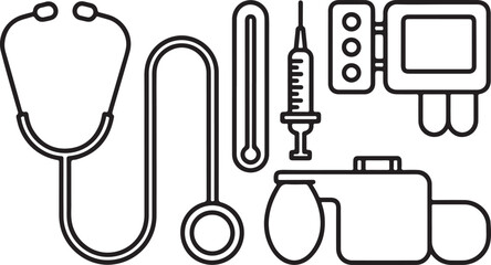 Medical Equipment Outline Icons Isolated on White Background for Healthcare Concepts