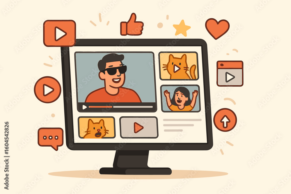 Poster online video channel with vlogger and viral content on computer screen. digital streaming service co