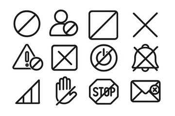 Blocked line icon set for concepts like banned, forbidden, and error. Features symbols for rejected, disabled, close, prohibited, stop, no entry, spam, and alert. Vector.