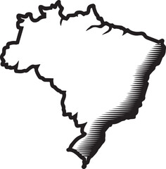 Black and White Outline Map of Brazil with Hatching Detail on the Coast
