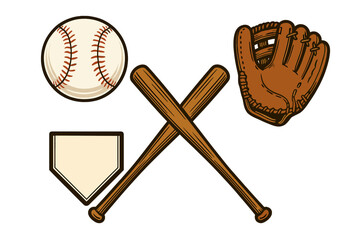 Baseball sport equipment vector illustration set. Vintage collection of game icons with crossed bats, ball, leather glove or mitt, and home plate for league design.