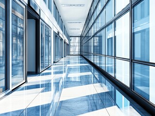 Interior view of a modern office building corridor with glass walls and a shiny tiled floor reflecting light.
