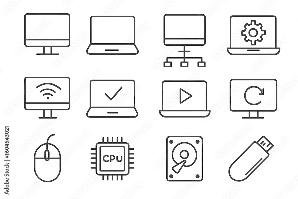 Fototapete Computer and laptop line icon set. Network, setup, media connection and components. Outline vector icons in linear style for web and mobile. Conceptual pictogram collection.