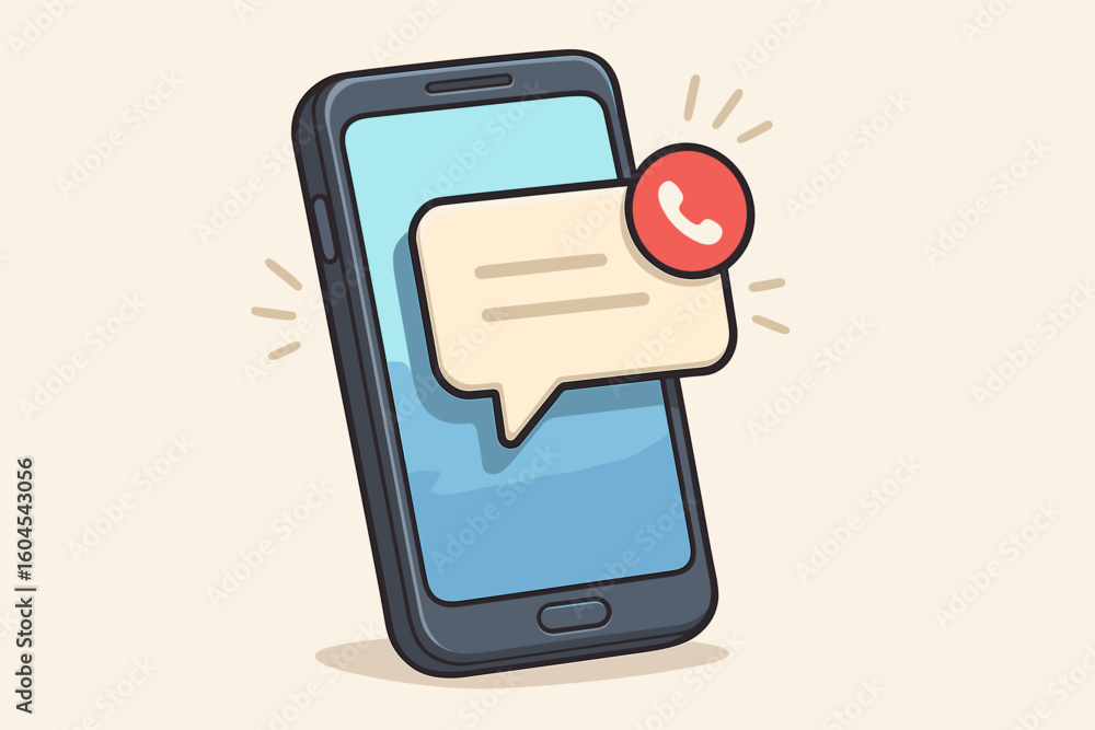 Poster mobile smartphone with push notification popping out of screen. vector cartoon illustration of a mes