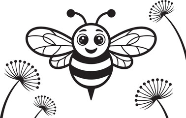 Cute Cartoon Bee with Stripes and Dandelion Fluff Black and White