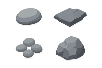Isometric stone icon set of 4. Flat vector illustration of rock elements like river rock, slate slab, pebbles cluster, and boulder. 3D style for game asset design.
