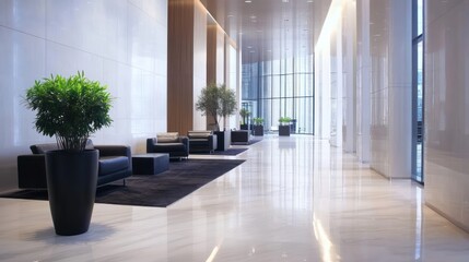 Modern, bright office building lobby with sleek seating and potted plants.