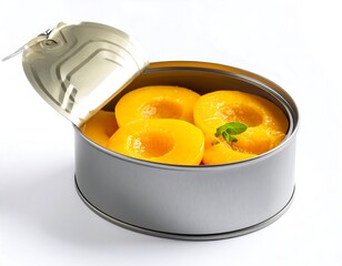 Opened can of preserved peaches