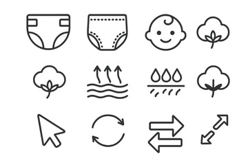 Diaper and baby pants line icons set. Baby care, newborn hygiene. Absorbent, breathable, cotton, and soft material features. Vector pictogram collection for packaging.