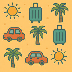 Beach vacation scene with suitcases, cars, sun, and palms. Perfect for travel brochures, vacation websites, and summer themed designs.