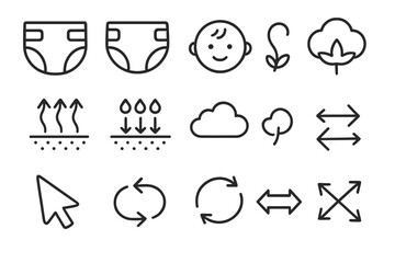 Diaper line icons set. Baby care, hygiene, and comfort concepts. Nappy, absorbency, softness, breathable, cotton, and natural materials. Editable stroke vector pictograms.