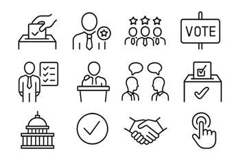Election line icon set. Voting, politics and government symbols. Includes ballot box, political candidate, debate, campaign and democracy pictogram collection. Vector.