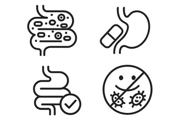 Probiotics and prebiotics line icon set. Gut flora, microbiome, and digestive system health. Stomach, intestines, capsule, beneficial bacteria, and enzyme supplement vector icons.