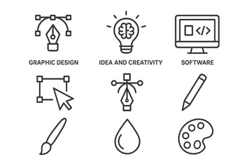 Fototapeta premium Graphic design and digital art line icon set. Vector icons for creativity, idea, software, and art tools. Pen tool, brush, palette, and coding symbols. Outline illustration.