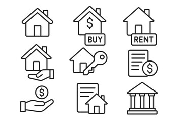 Fototapeta premium Real estate line icon set for buying, selling, and renting a house. Vector icons for mortgage, housing loan, property investment, and finance. Outline web symbol pack.