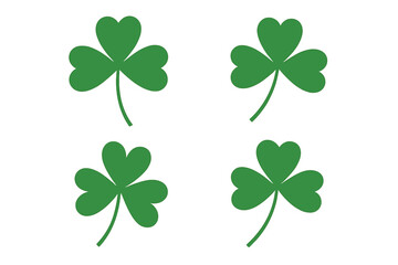 Set of green shamrock icons. St. Patrick's Day symbol. Irish clover leaf vector illustration. Good luck charm design element. Simple flat plant silhouette isolated.