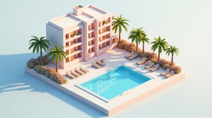 Modern Pink Apartment Building with Pool and Sun Loungers Surrounded by Palm Trees